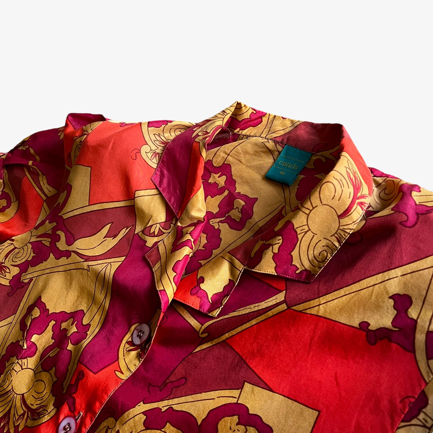 Vintage 90s Womens Canda Abstract Floral Print Short Balloon Sleeve Red Silk Shirt Collar - Casspios Dream