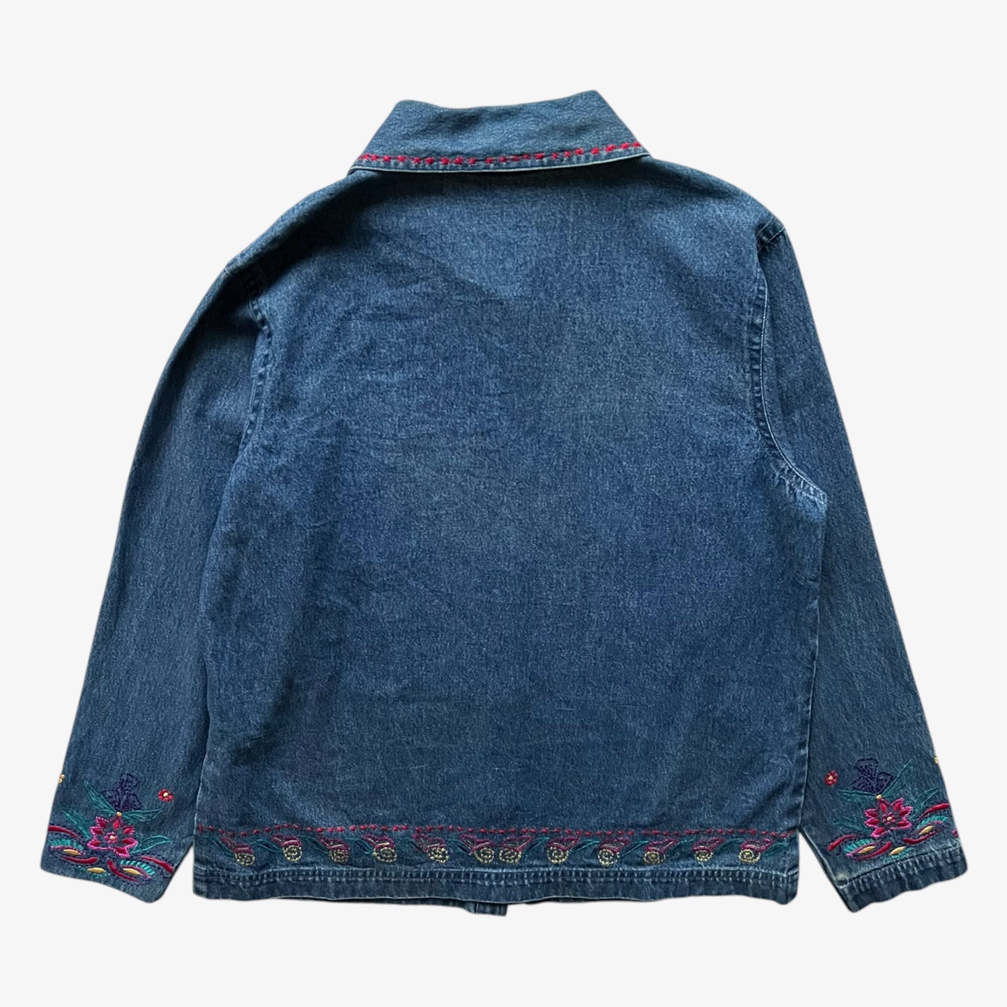 Vintage 90s Womens Coldwater Creek Floral Embroidered Blue Denim Shirt Back - Casspios Dream