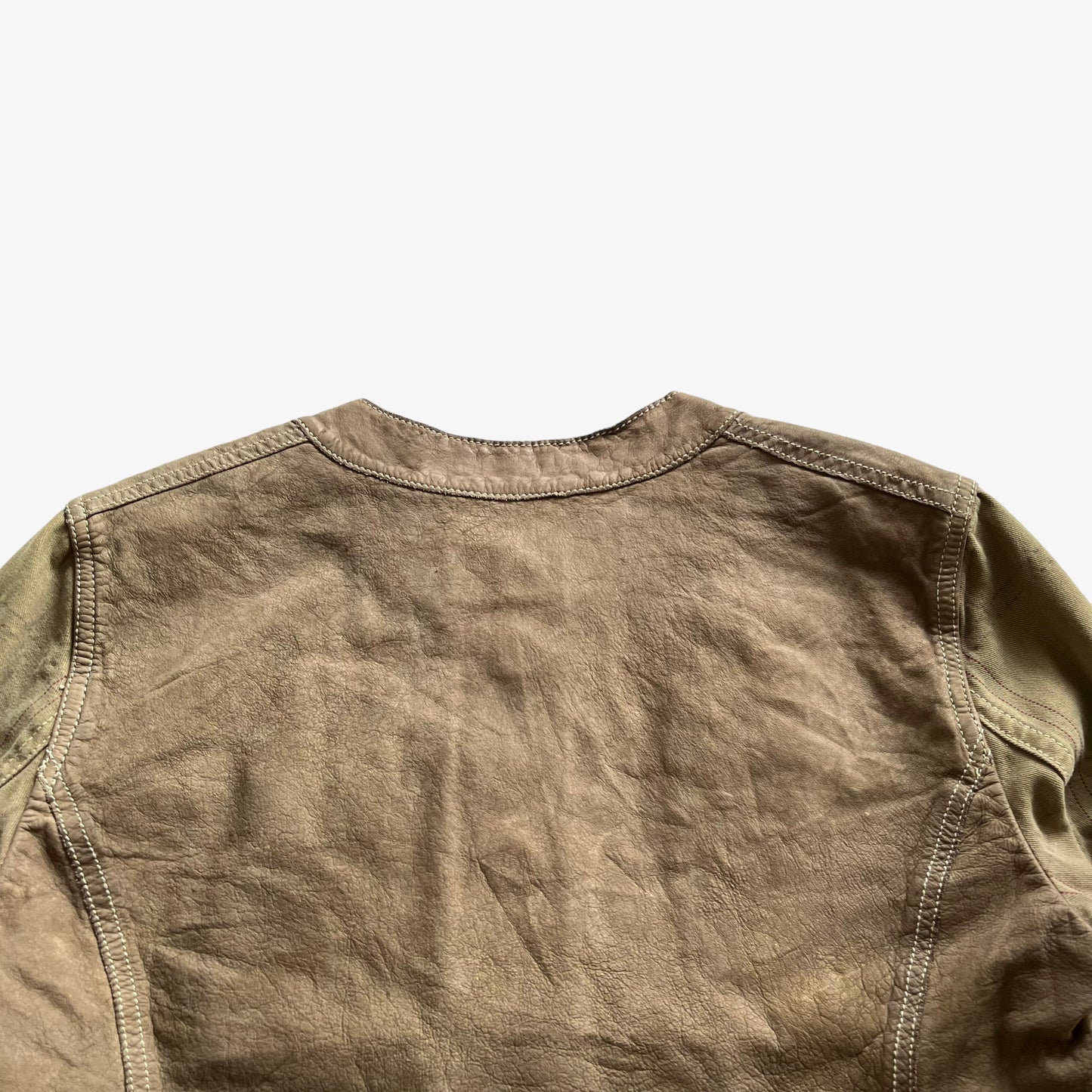Vintage 90s Womens Emporio Armani Khaki Leather Jacket With Green Cotton Sleeves Back Wear - Casspios Dream