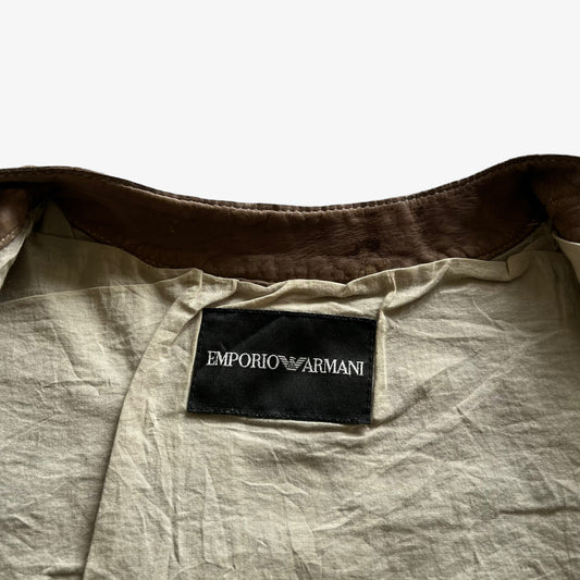 Vintage 90s Womens Emporio Armani Khaki Leather Jacket With Green Cotton Sleeves Label - Casspios Dream