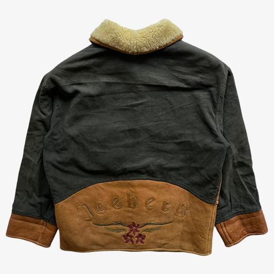 Vintage 90s Womens ICEBERG Brown Leather Jacket With Embroidered Back Spell Out And Floral Design Back - Casspios Dream