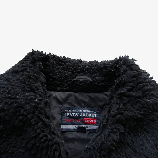 Vintage 90s Womens Levis Black Pilot Jacket With Faux Fur Collar Label - Casspios Dream