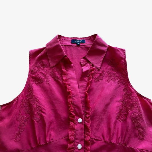 Vintage 90s Womens Mark Van Der Red Silk Blouse With Embroidered Floral Lace Detailing Abstract - Casspios Dream