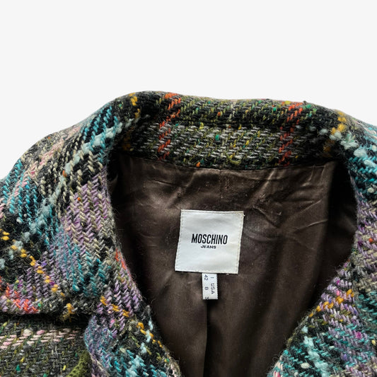Vintage 90s Womens Moschino Jeans Colourful Tartan Print Wool Ruffle Coat Label - Casspios Dream