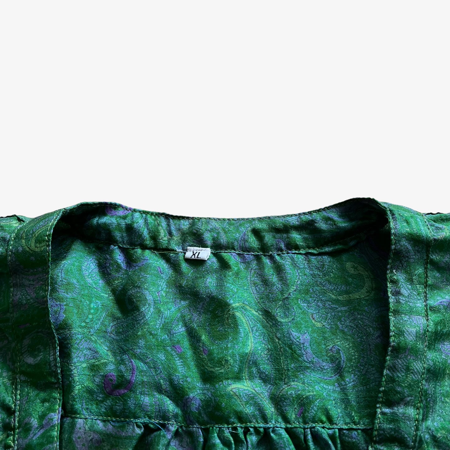 Vintage 90s Womens Purple Paisley Print Green Silk Dress Label - Casspios Dream