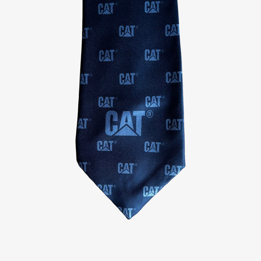 Vintage Y2K Caterpillar CAT Spell Out Logo Print Navy Polyester Tie Tip - Casspios Dream