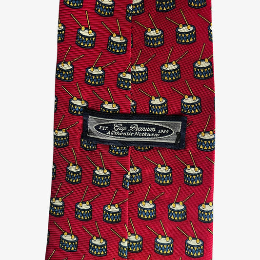 Vintage Y2K GAP Premium Geometric Drum Kit Print Red Silk Tie Label - Casspios Dream