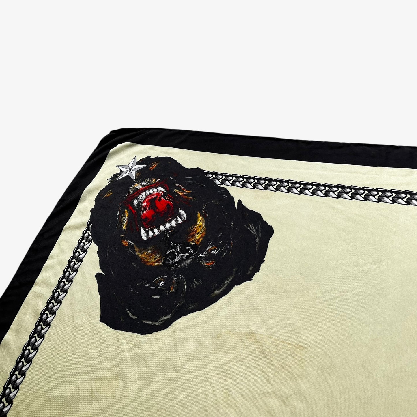 Patina on women's vintage Y2K Givenchy Paris Rottweiler dog print silk scarf.