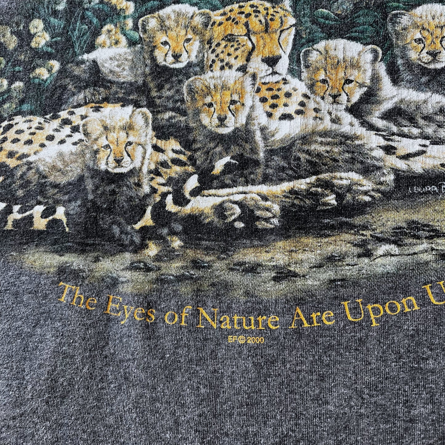 Vintage Y2K Mens Alore 2000 The Eyes Of Nature Are Upon Us Cheetah Print Single Stitch Grey Top Date - Casspios Dream