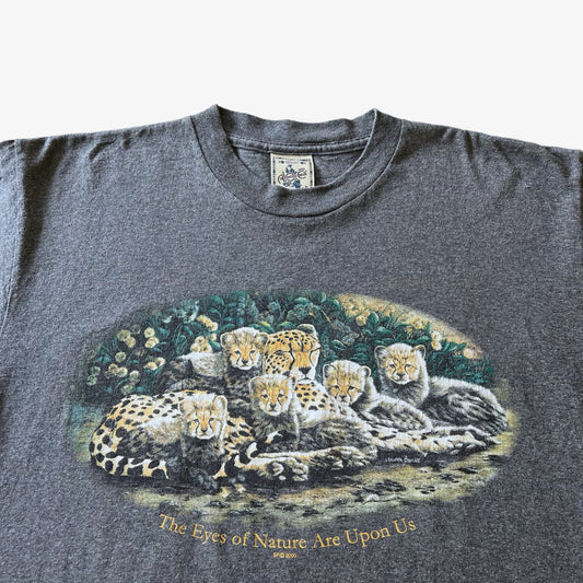 Vintage Y2K Mens Alore 2000 The Eyes Of Nature Are Upon Us Cheetah Print Single Stitch Grey Top Pattern - Casspios Dream