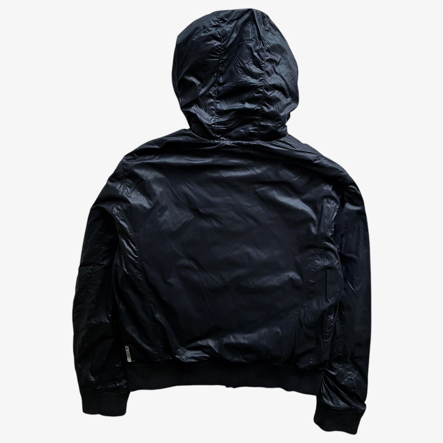 Vintage Y2K Mens Armani Jeans Navy Hooded Jacket With Faux Fur Lining Back - Casspios Dream
