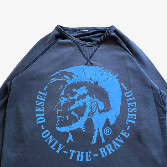 Vintage Y2K Mens Diesel Only The Brave Printed Spell Out Blue Sweatshirt Mohican Man - Casspios Dream