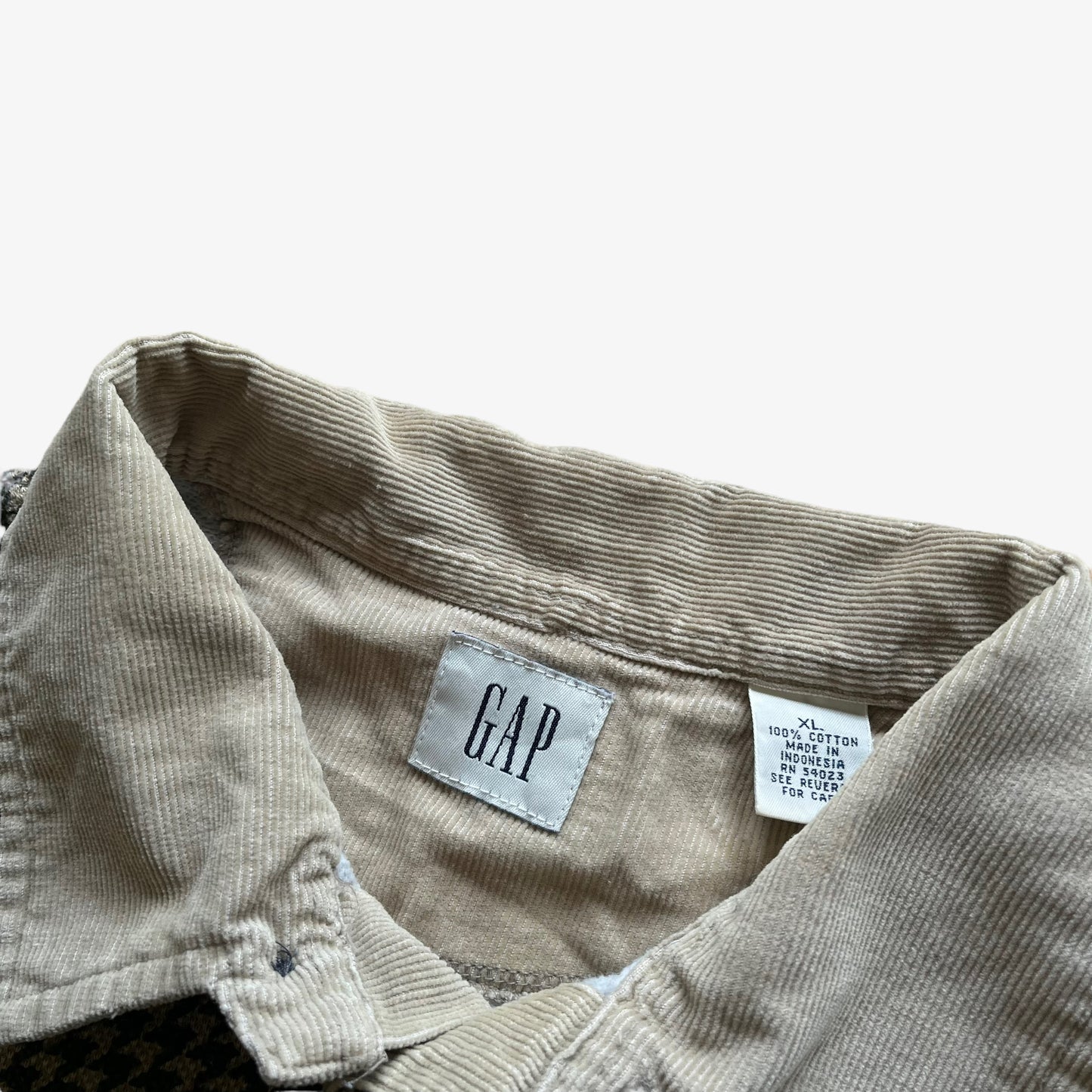 Vintage Y2K Mens GAP Green And Beige Houndstooth Print Rugby Shirt With Corduroy Collar Label - Casspios Dream