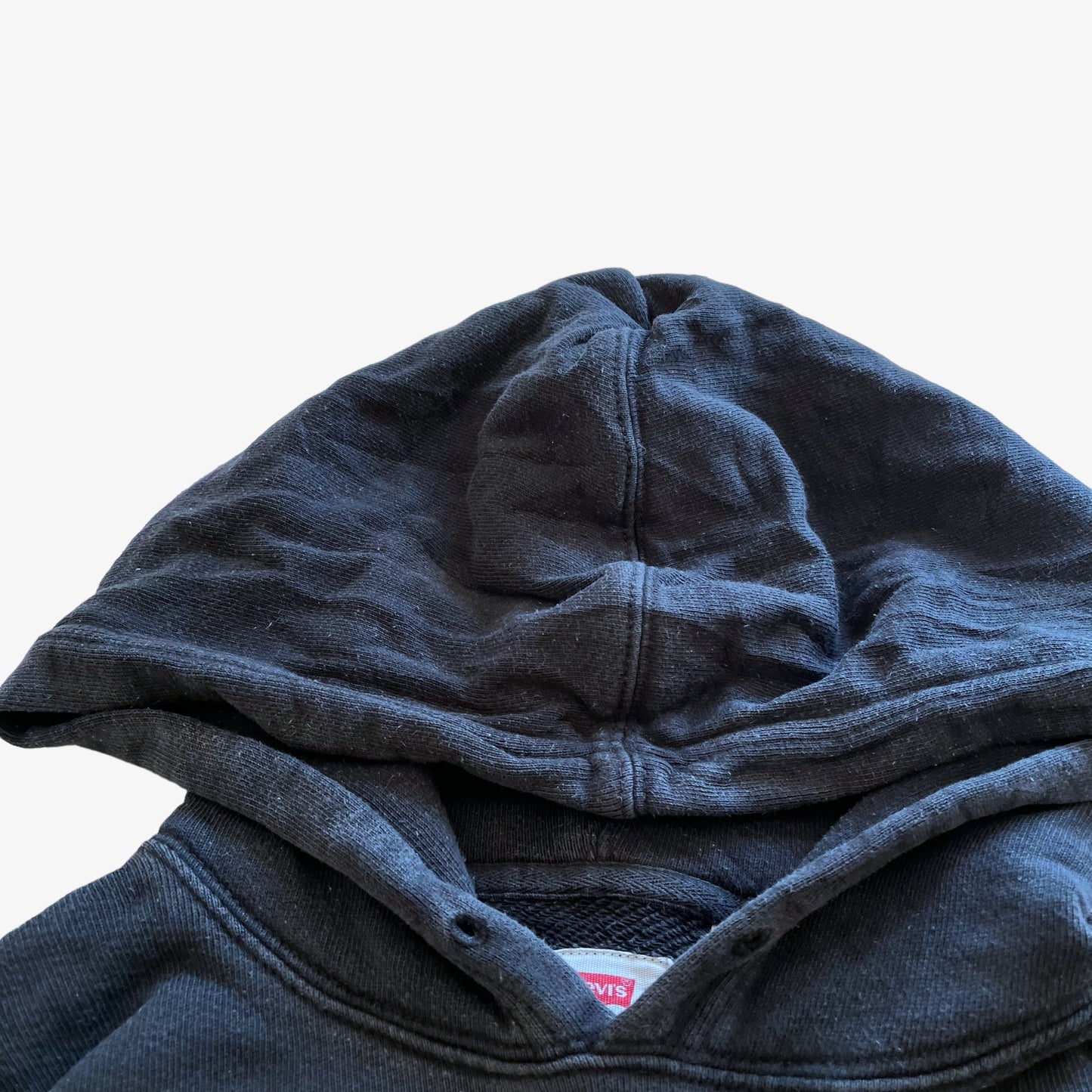 Vintage Y2K Mens Levis 3D Textured Embroidered Centre Spell Out Faded Navy Hoodie Drawstring - Casspios Dream
