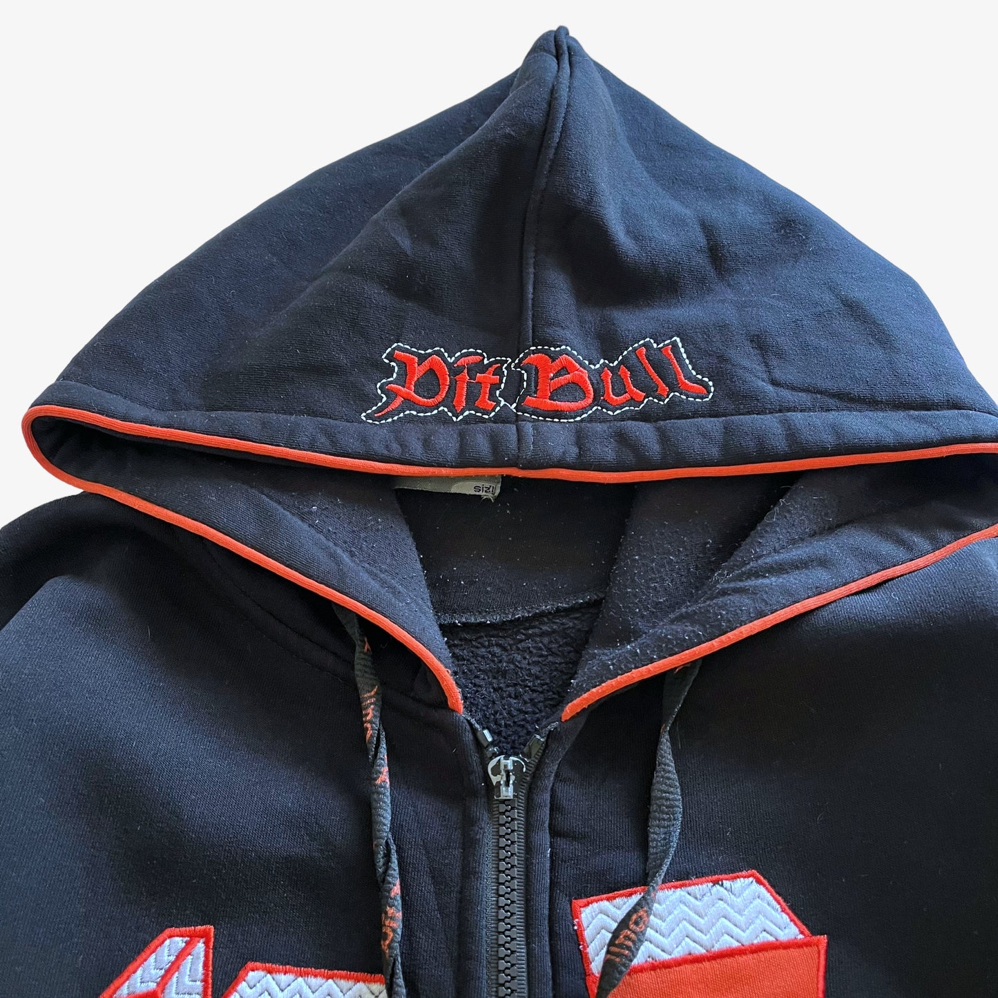 Vintage Y2K Mens Pit Bull 05 Embroidered Spell Out Black And Orange Jacket Hooded - Casspios Dream