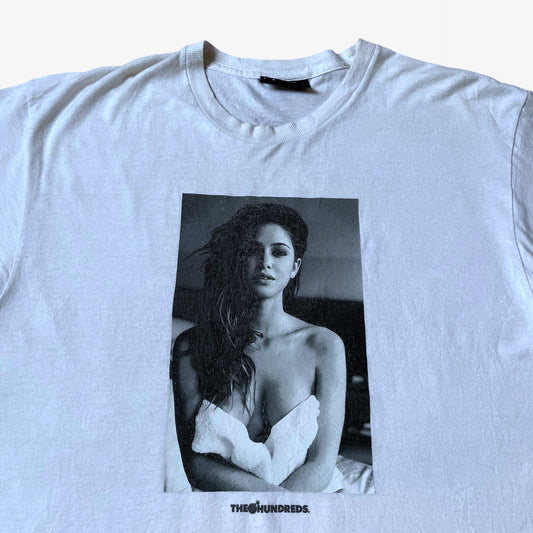 Close up of a vintage Y2K men's The Hundreds Gigi woman print white t-shirt.