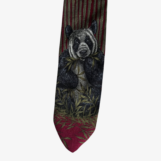 Vintage Y2K Van Heusen 2000 Marc Dennis Panda And Bamboo Shoot Stripped Print Red Slim Polyester Tie Novelty - Casspios Dream