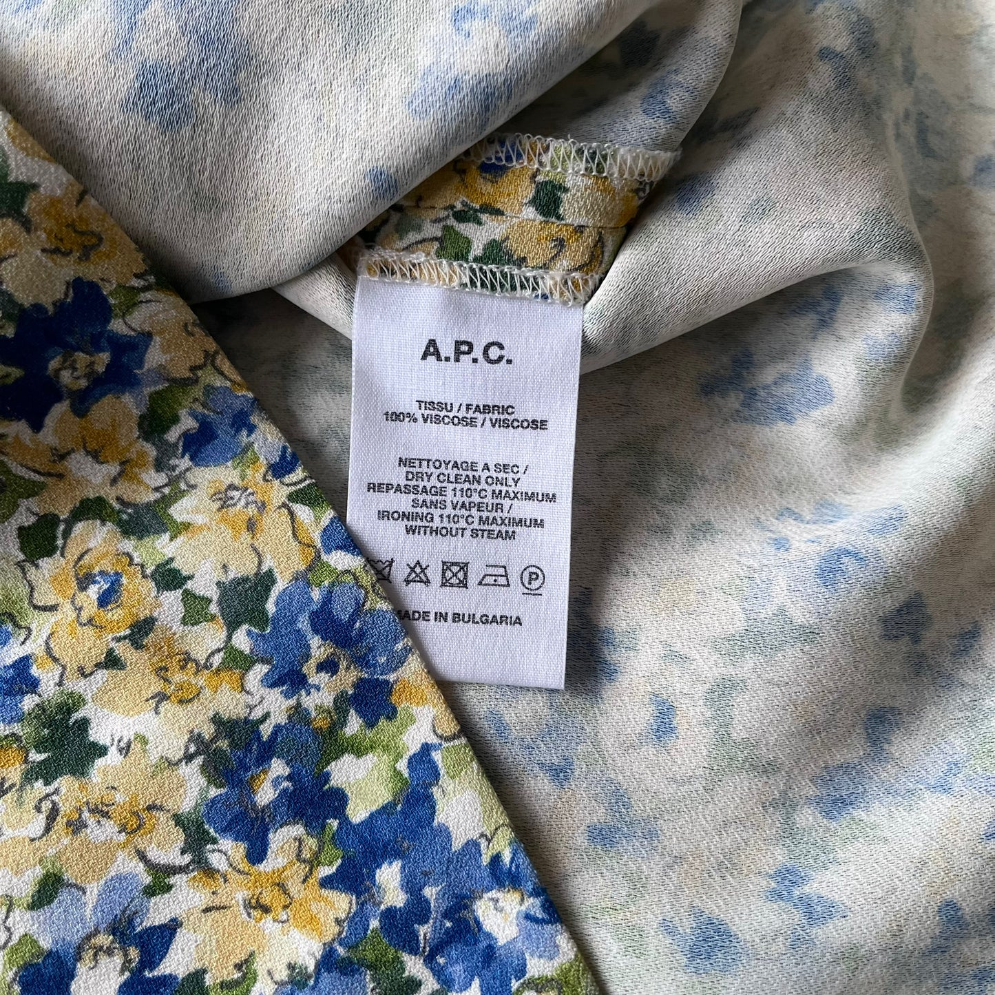 Vintage Y2K Womens APC Rue Madame Paris Green Blue And Yellow Floral Print Blouse Inside Label - Casspios Dream
