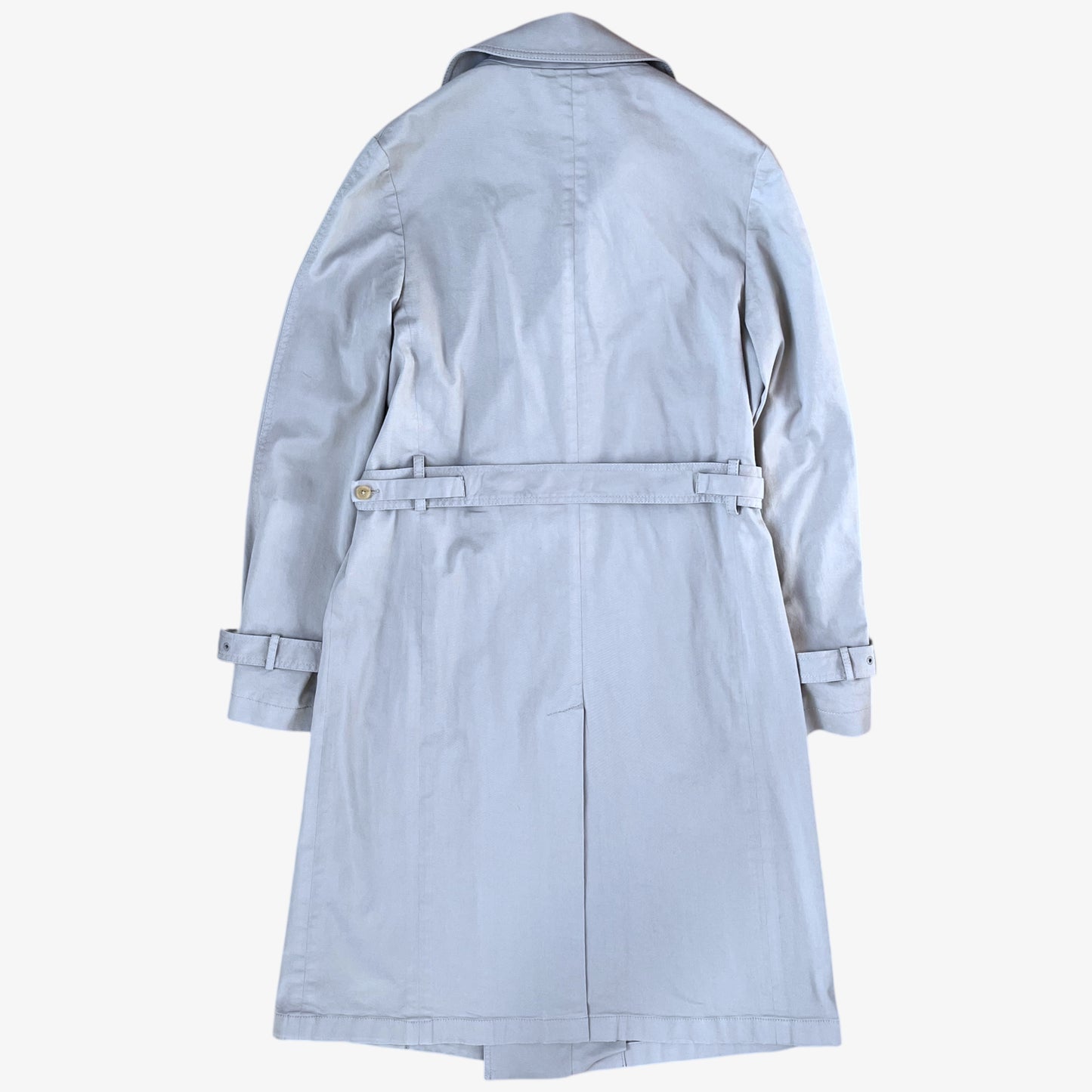 Back of vintage Y2K women's Maison Margiela double breasted grey trench coat.