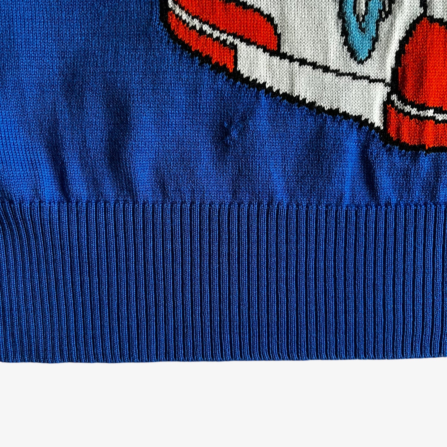 Vintage Y2K Womens Moschino Couture Looney Tunes Daffy Duck Double Sided Blue Wool Jumper Hem - Casspios Dream