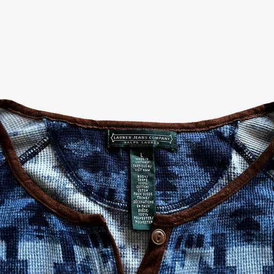 Vintage Y2K Womens Ralph Lauren Jeans Company Blue Aztec Print Long Sleeve Top Label - Casspios Dream