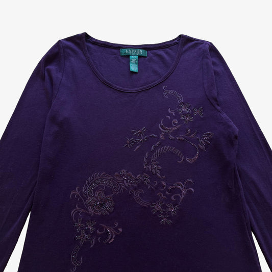 Vintage Y2K Womens Ralph Lauren Long Sleeve Purple Top With Abstract Floral Embroidery Design - Casspios Dream