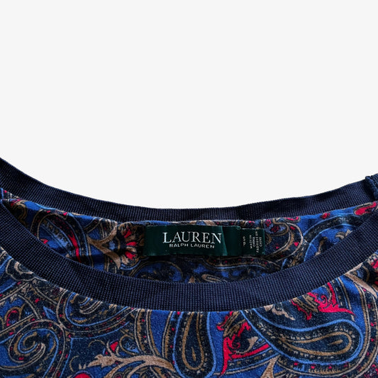 Vintage Y2K Womens Ralph Lauren Navy And Red Paisley Print Short Sleeve Top Label - Casspios Dream