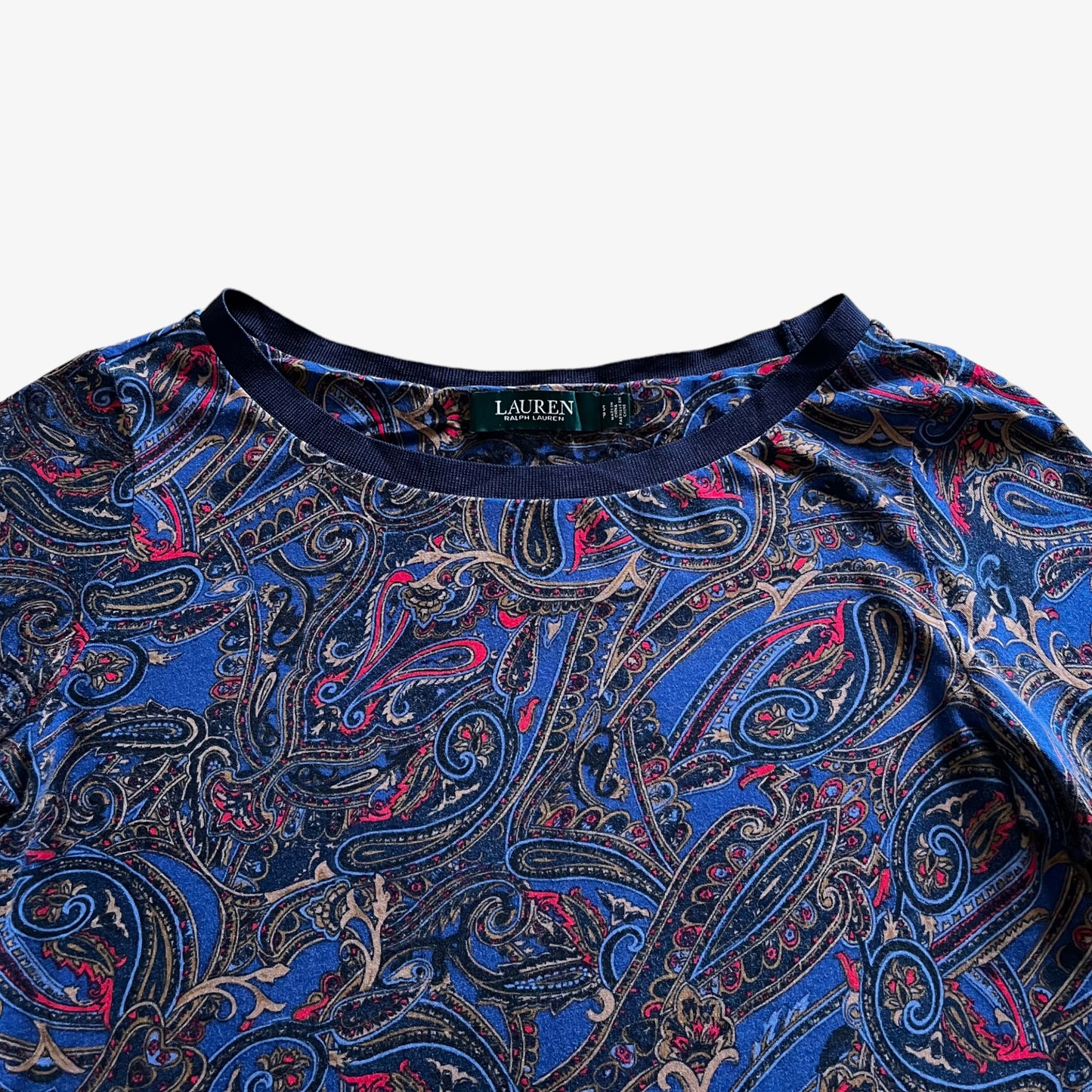Vintage Y2K Womens Ralph Lauren Navy And Red Paisley Print Short Sleeve Top Pattern - Casspios Dream