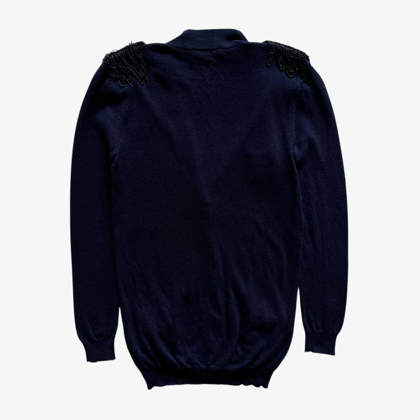 Vintage Y2K Womens Sandro Wool And Cashmere Navy Cardigan With Beaded Epaulettes Back - Casspios Dream