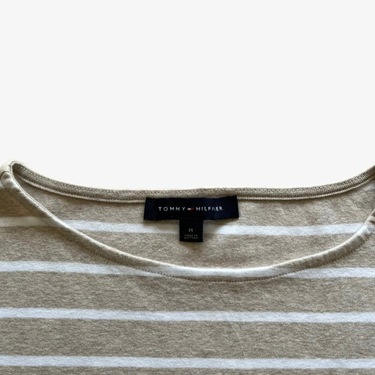 Vintage Y2K Womens Tommy Hilfiger Beige And White Short Sleeve Striped Top Label - Casspios Dream