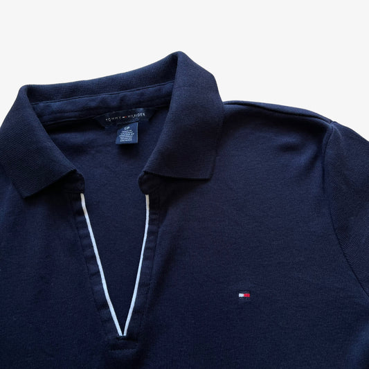 Vintage Y2K Womens Tommy Hilfiger Navy V-Neck Polo Shirt With Embroidered Breast Logo Flag - Casspios Dream