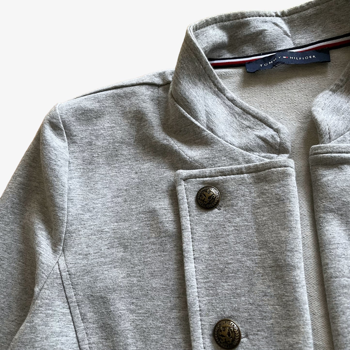 Vintage Y2K Womens Tommy Hilfiger Open Military Band Grey Blazer Lion Buttons - Casspios Dream