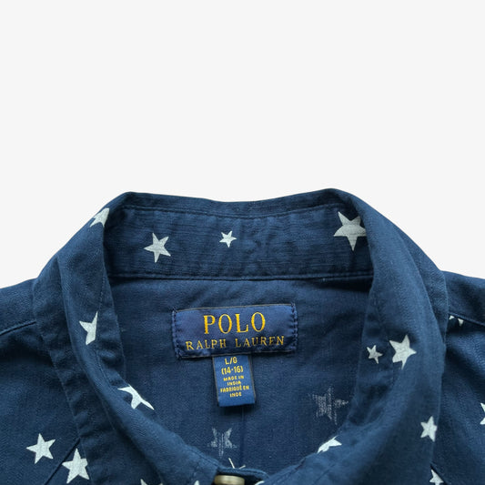 Close-up of a navy blue Polo Ralph Lauren shirt with a white star pattern, showing the inner collar label.