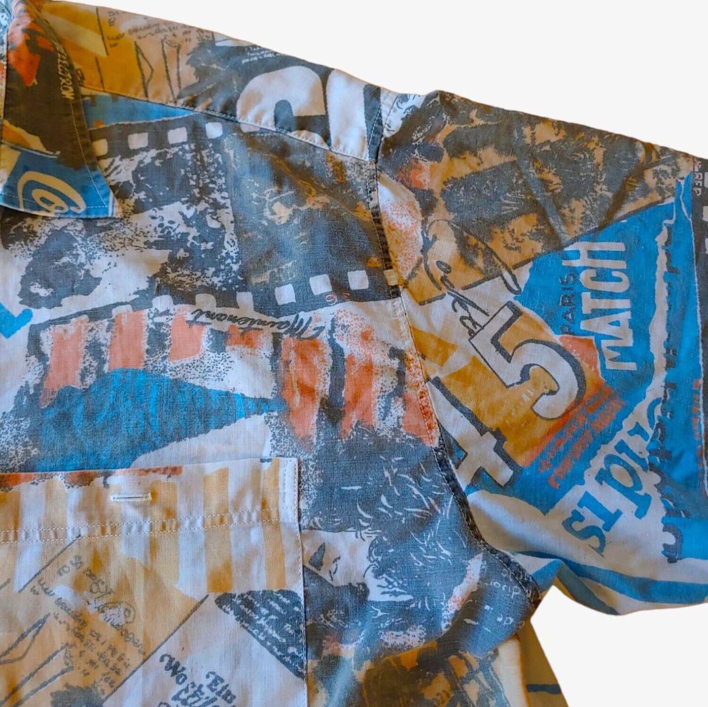 Vintage 90s Tirnava All Over Magazine Print Short Sleeve Shirt Arm - Casspios Dream
