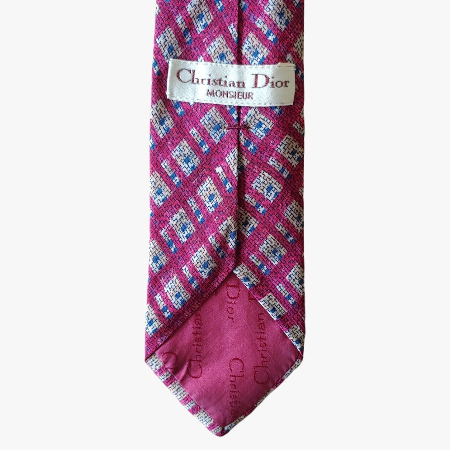 Vintage 80s Christian Dior Abstract Geometric Monogram Check Silk Tie Label - Casspios Dream