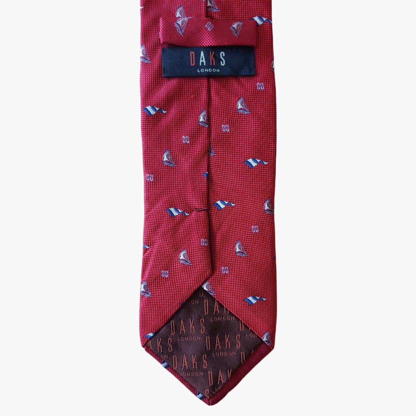 Vintage 90s Daks Geometric Sailing Boat Monogram Red Silk Tie Label - Casspios Dream
