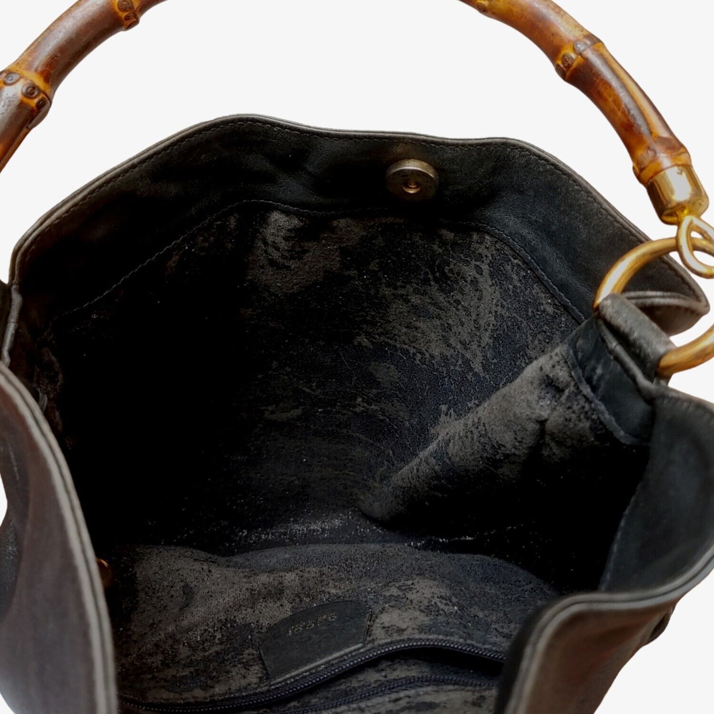 Vintage 90s Gucci Black Leather Bamboo Handbag 00137541638 Inside - Casspios Dream