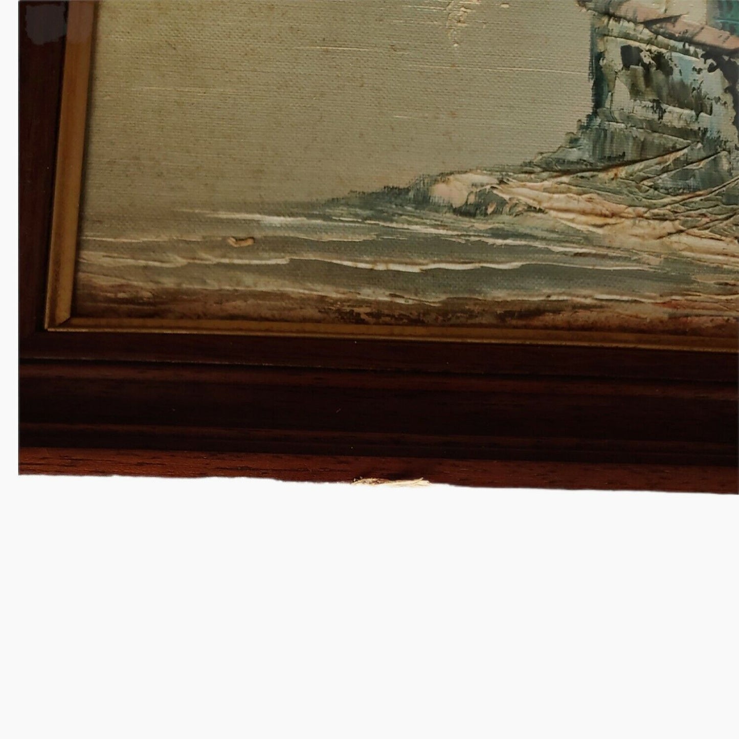 Vintage 80s Wooden Framed Village Lakeside Oil Painting Wear - Casspios Dream