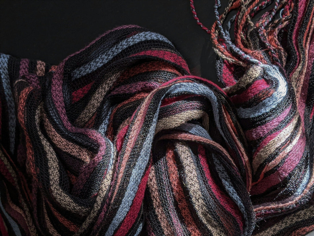 Vintage 90s colourful striped knitted wool scarf.