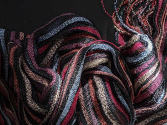 Vintage 90s colourful striped knitted wool scarf.