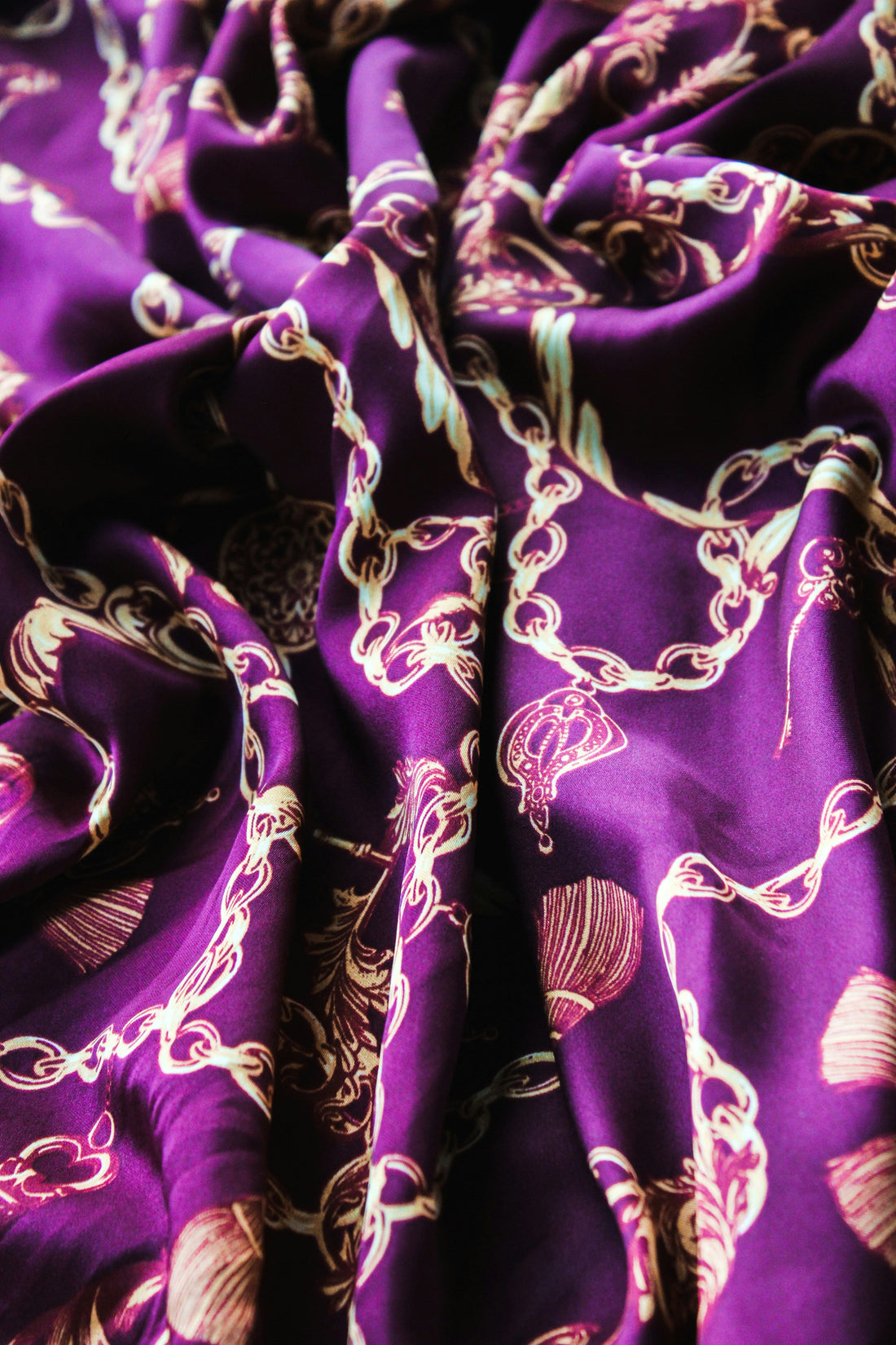 Vintage 90s designer purple silk scarf with gold baroque chain and tassel print