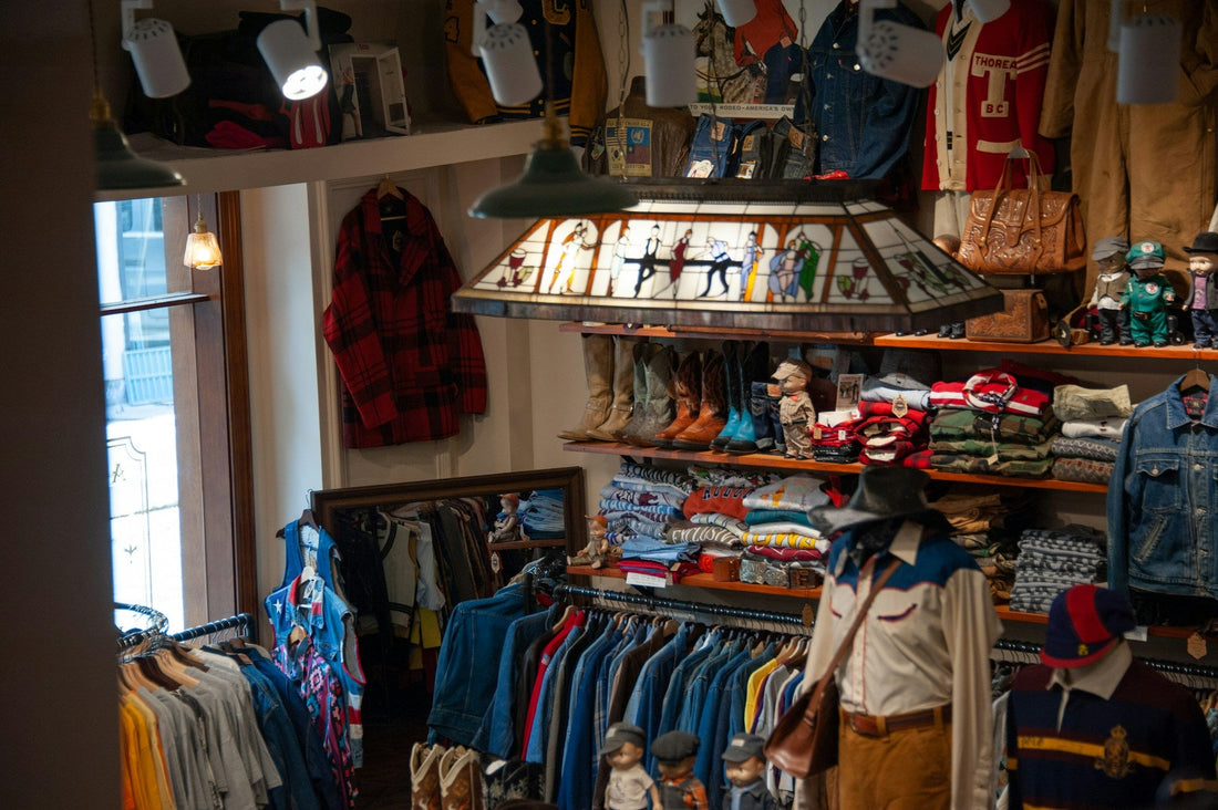 Close up of vintage store selling a range of clothing, including denim jackets and colourful patterned shirts.