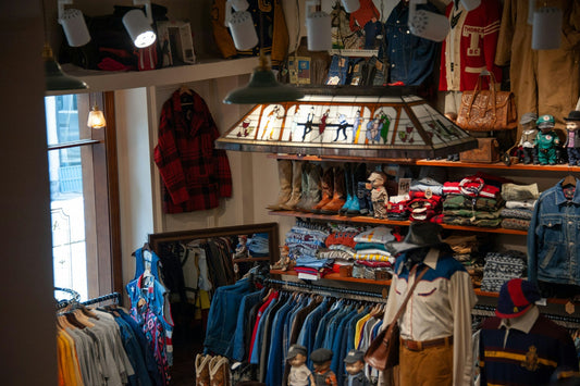 Close up of vintage store selling a range of clothing, including denim jackets and colourful patterned shirts.