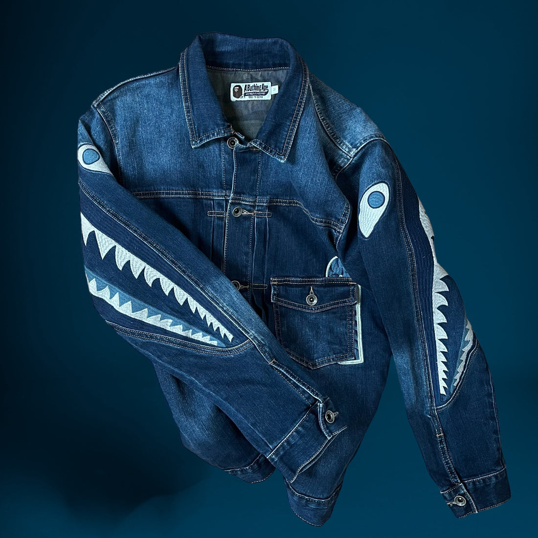 vintage blue cotton denim jacket with embroidered Bape shark sleeves