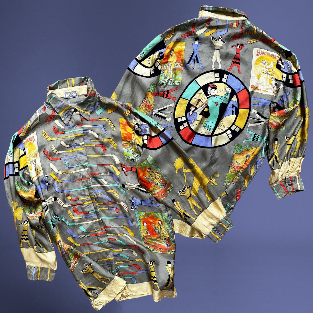 Close up of vintage 80s women's Versace sport double sided silk shirt.