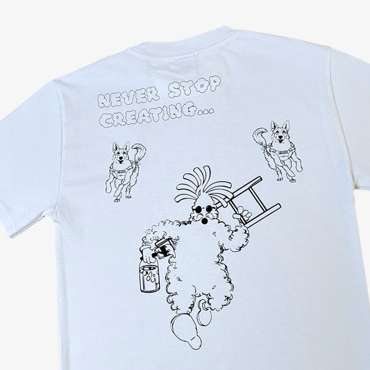 Back of a white 100% organic cotton t-shirt with a graphic print featuring a Banksy styled cartoon character being chased by police dogs.
