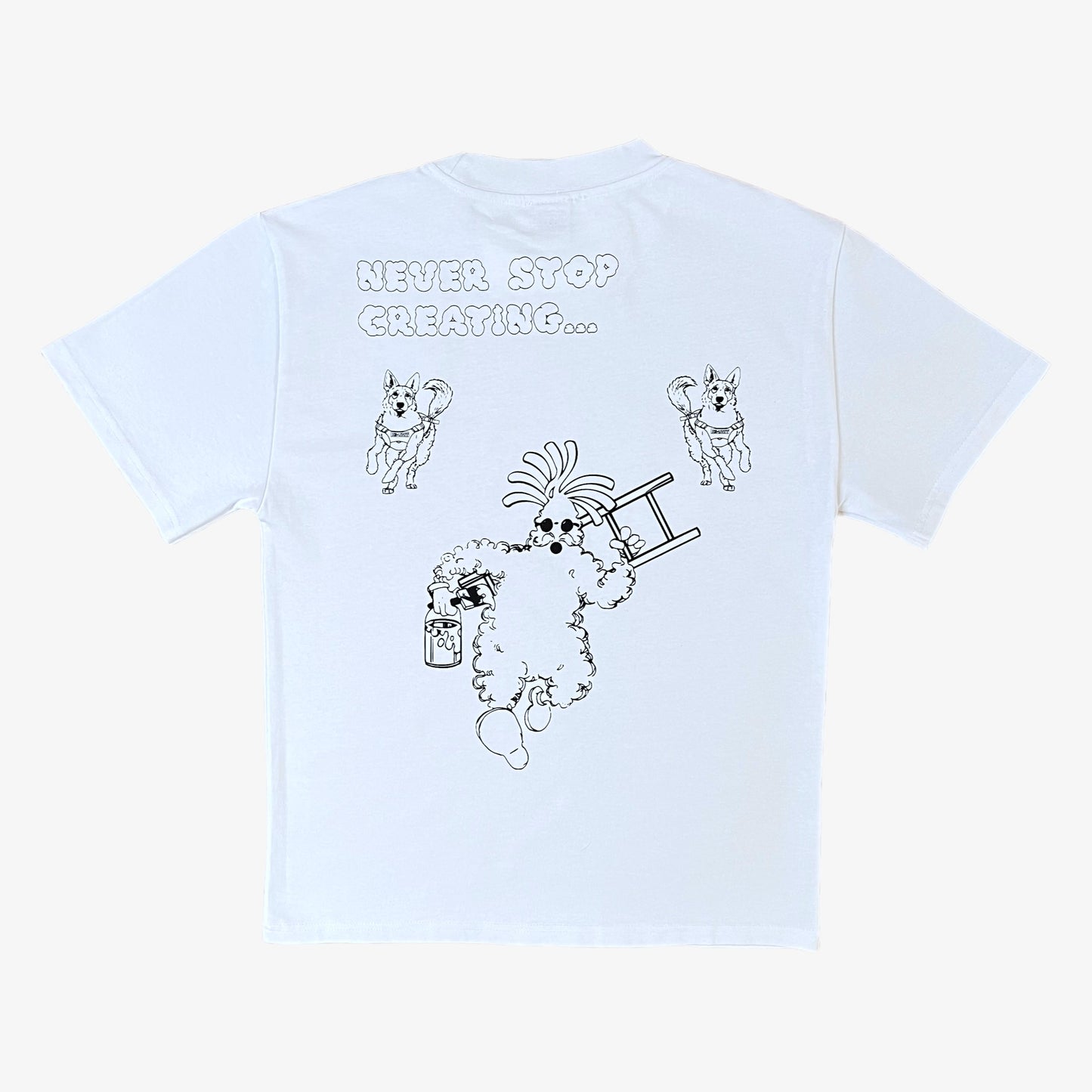 Full sized photo of the back of a white 100% organic cotton t-shirt with a graphic print featuring a Banksy styled cartoon character being chased by police dogs.