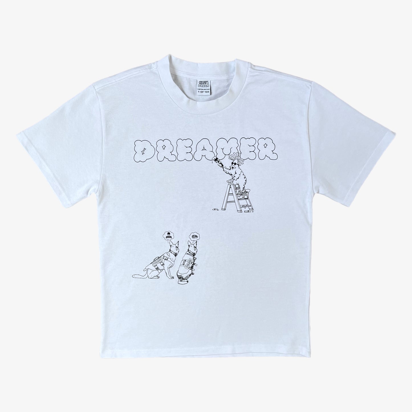 Full sized photo of a white 100% organic cotton t-shirt with a graphic print featuring a Banksy styled cartoon character, police dogs and text that reads 'DREAMERS NEVER STOP creating'.