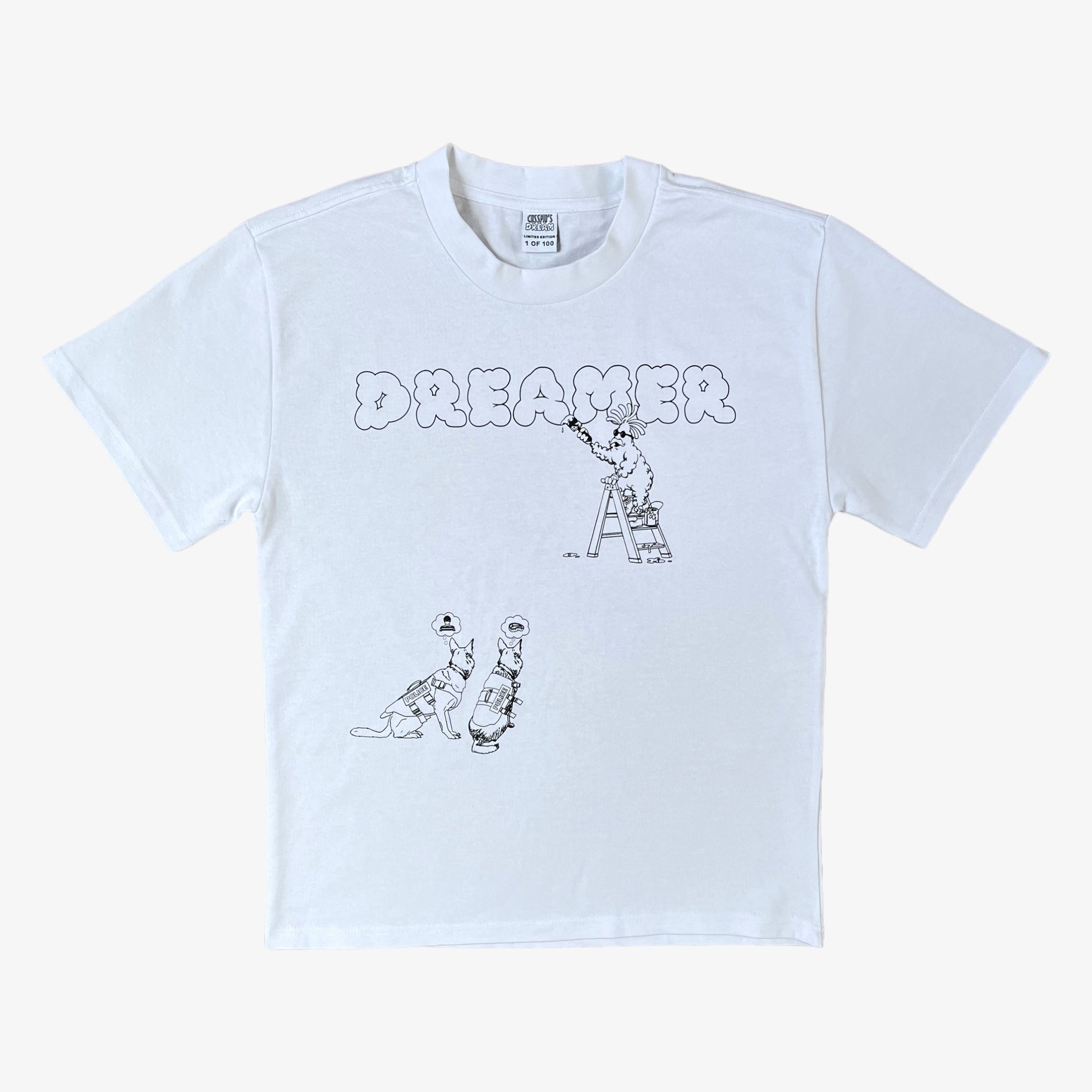 Full sized photo of a white 100% organic cotton t-shirt with a graphic print featuring a Banksy styled cartoon character, police dogs and text that reads 'DREAMERS NEVER STOP creating'.