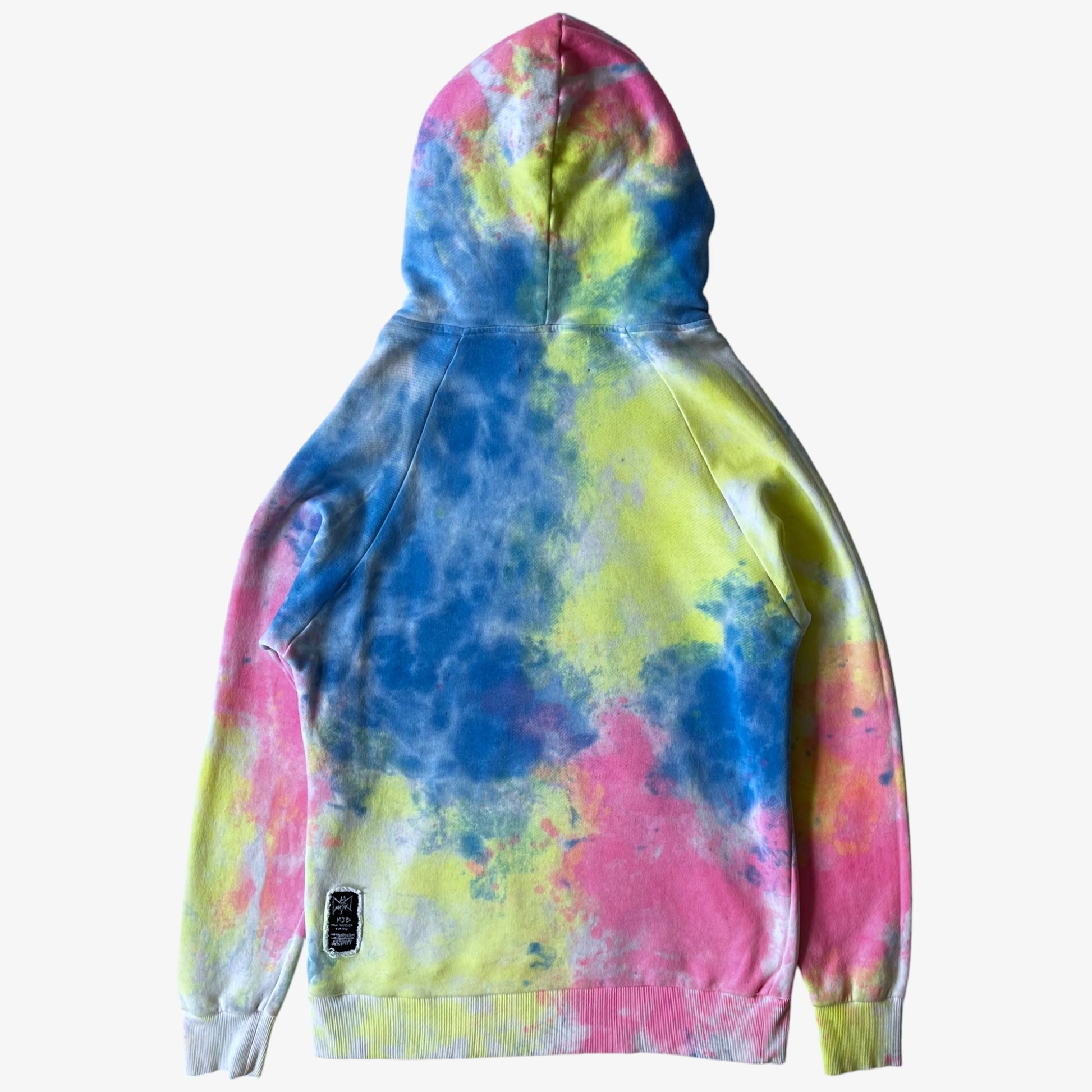Colourful tie dye hoodie on a white background.